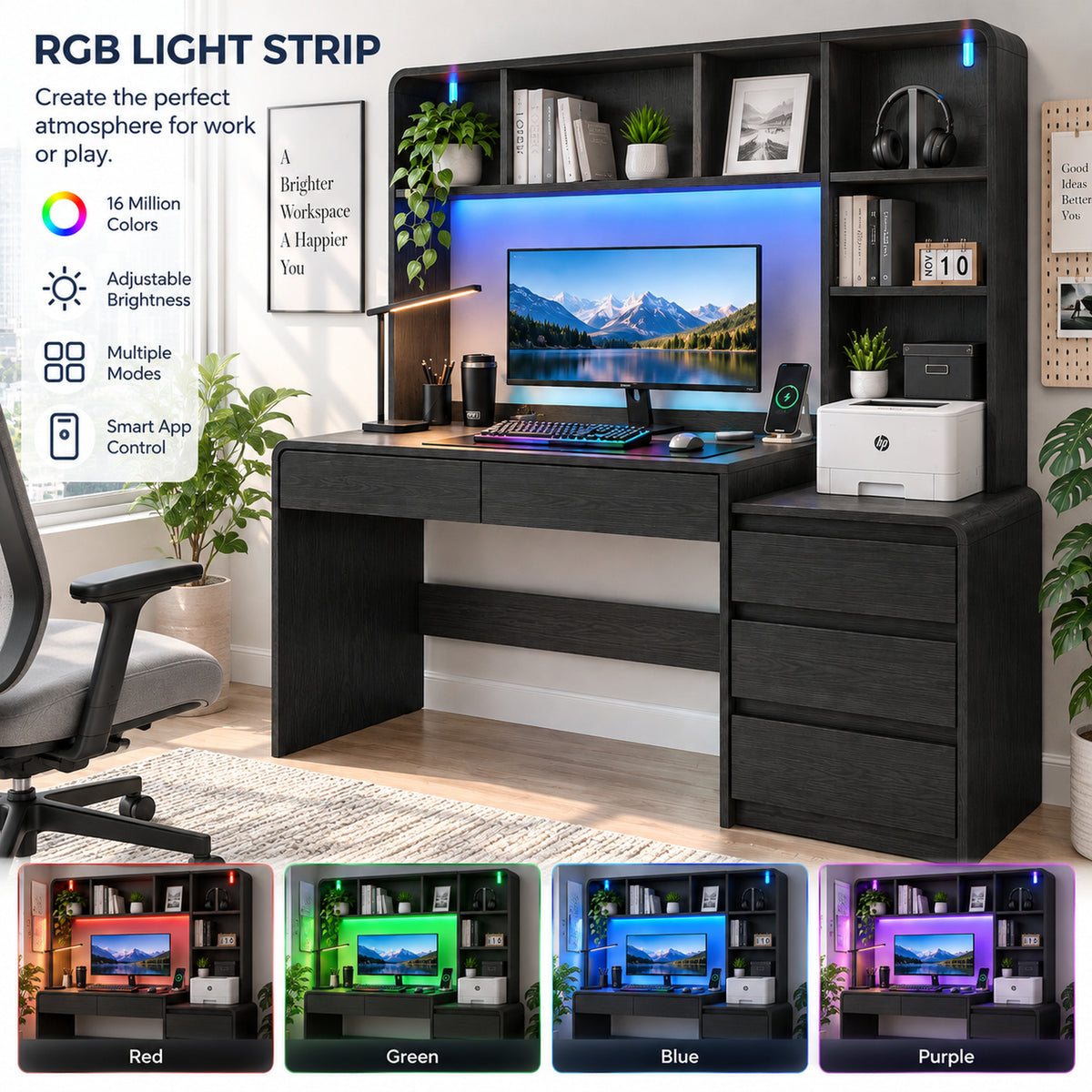 Deluxe Living 55.1" Executive Computer Desk with Hutch & 4 Storage Drawers, Open Storage Shelves, Power Outlet & LED Lights for Home Office, Black