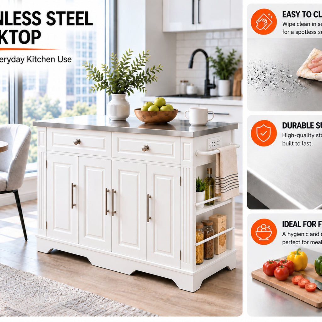 Deluxe Living 60" Rolling Kitchen Island with Drop Leaf, Stainless Steel Top, Mobile Cart with Storage, Power Outlets, Drawers & Open Shelves, White