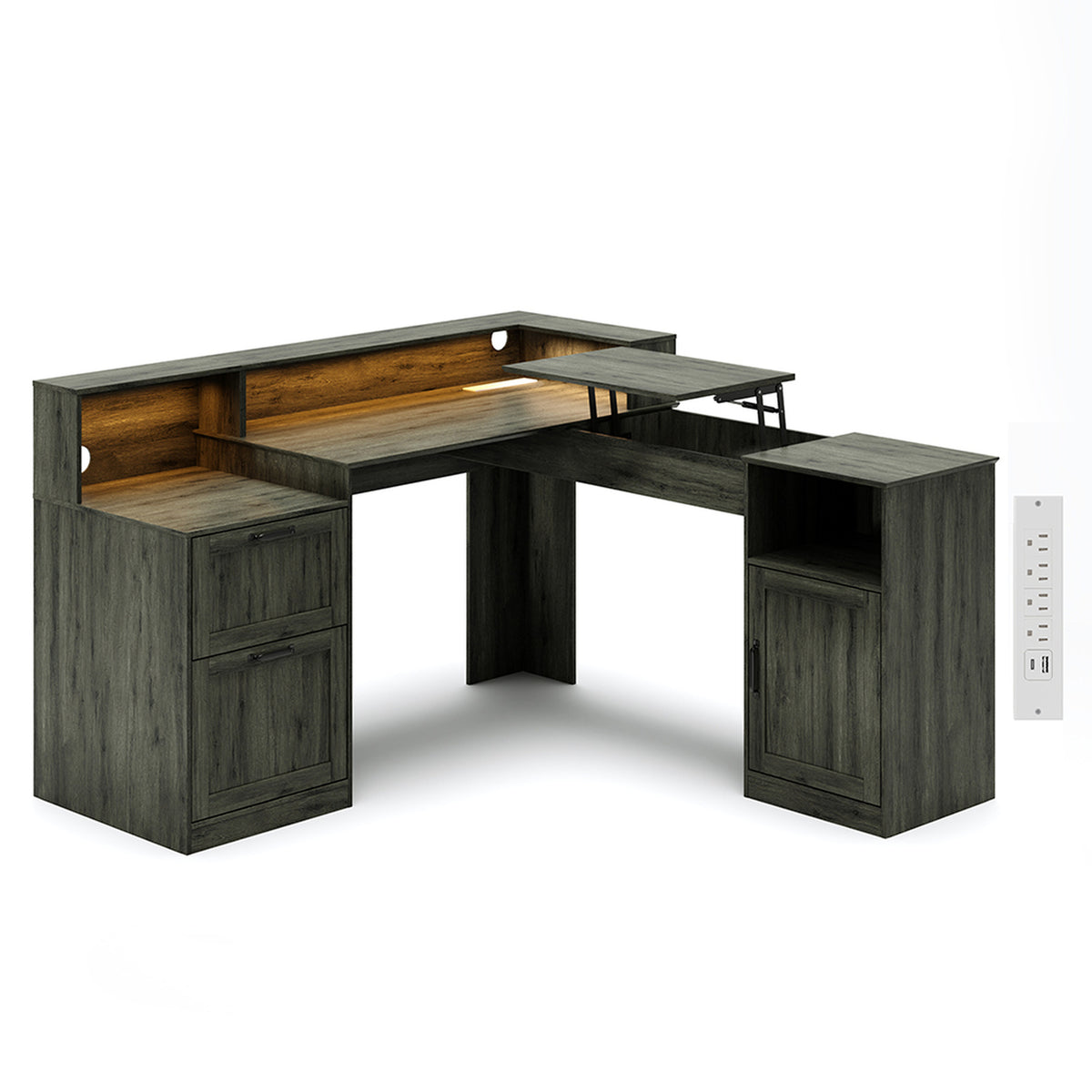 Deluxe Living 60" L-Shaped Computer Desk, Lift-Top Corner Desk with File Drawer, Storage Cabinet, Outlets, Monitor Stand & Printer Shelf, Gray