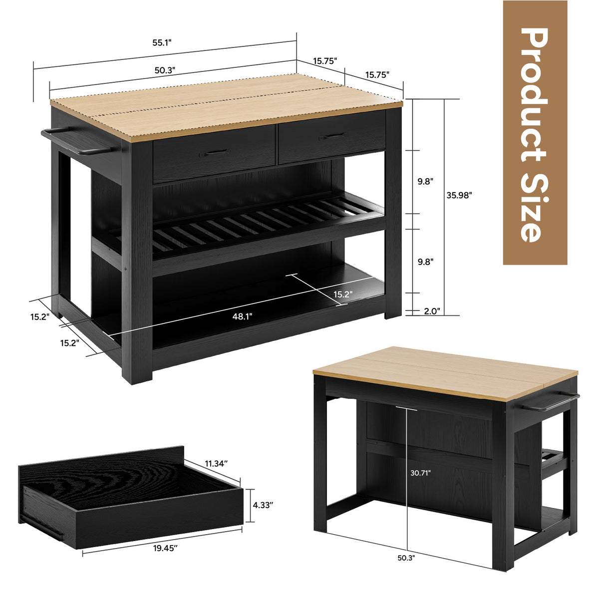 Deluxe Living 55" Kitchen Island with Power Outlets, Drawers & Hooks, Extra-Large Work Surface Island Table with 2 Shelves, Oak & Black
