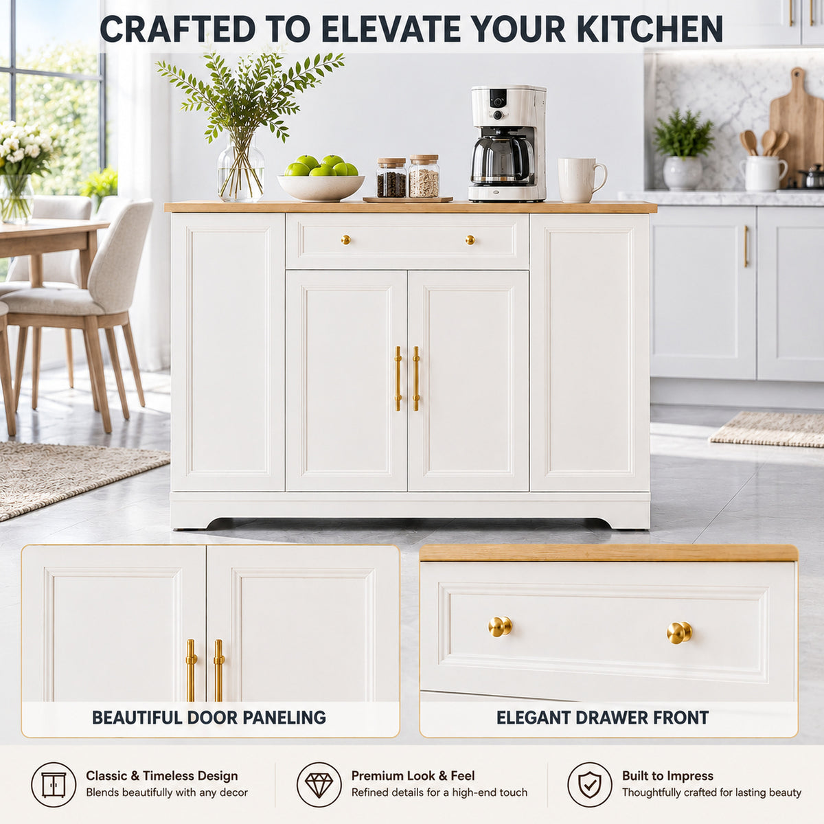 Deluxe Living 53" Rolling Kitchen Island with Trash Can Storage & 3 Drawers, Portable Kitchen Cart on Wheels for 10 Gallon Garbage Bin, White