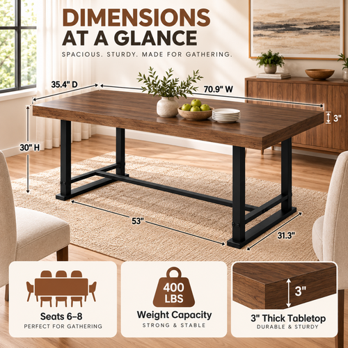 Deluxe Living Farmhouse Dining Table, Rustic Walnut Kitchen Table with 3" Thick Wood Grain Top, Heavy-Duty Metal Legs for Dining Room, Kitchen & Living Room