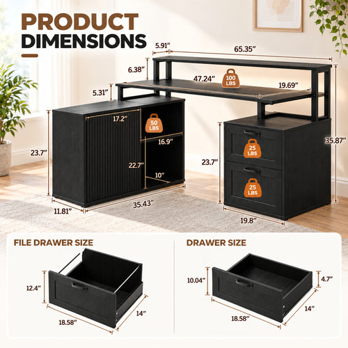 Deluxe Living 65" L-Shaped Corner Desk, Fluted Cabinet, File Drawer, Power Outlets, Elevated Monitor Stand, LED Light & Printer Shelf, Black