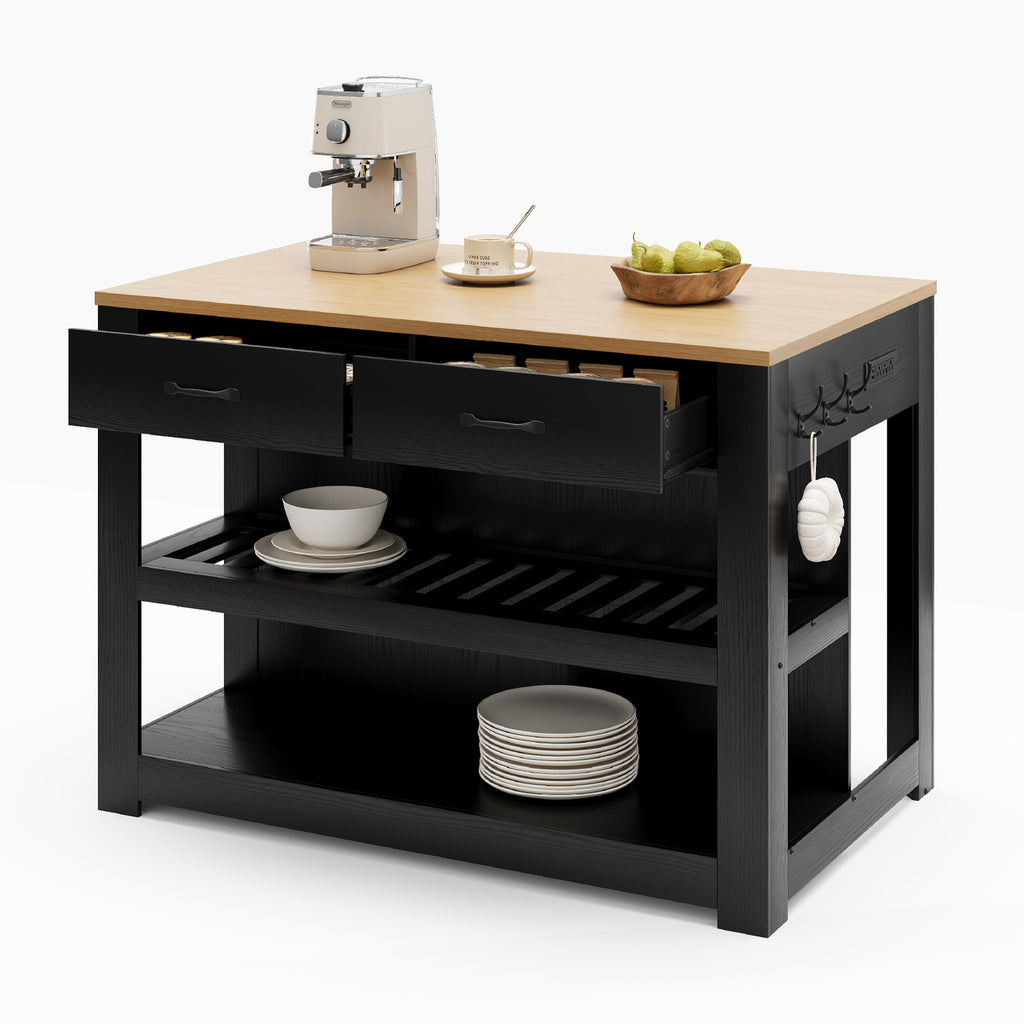 Deluxe Living 55" Kitchen Island with Power Outlets, Drawers & Hooks, Extra-Large Work Surface Island Table with 2 Shelves, Oak & Black