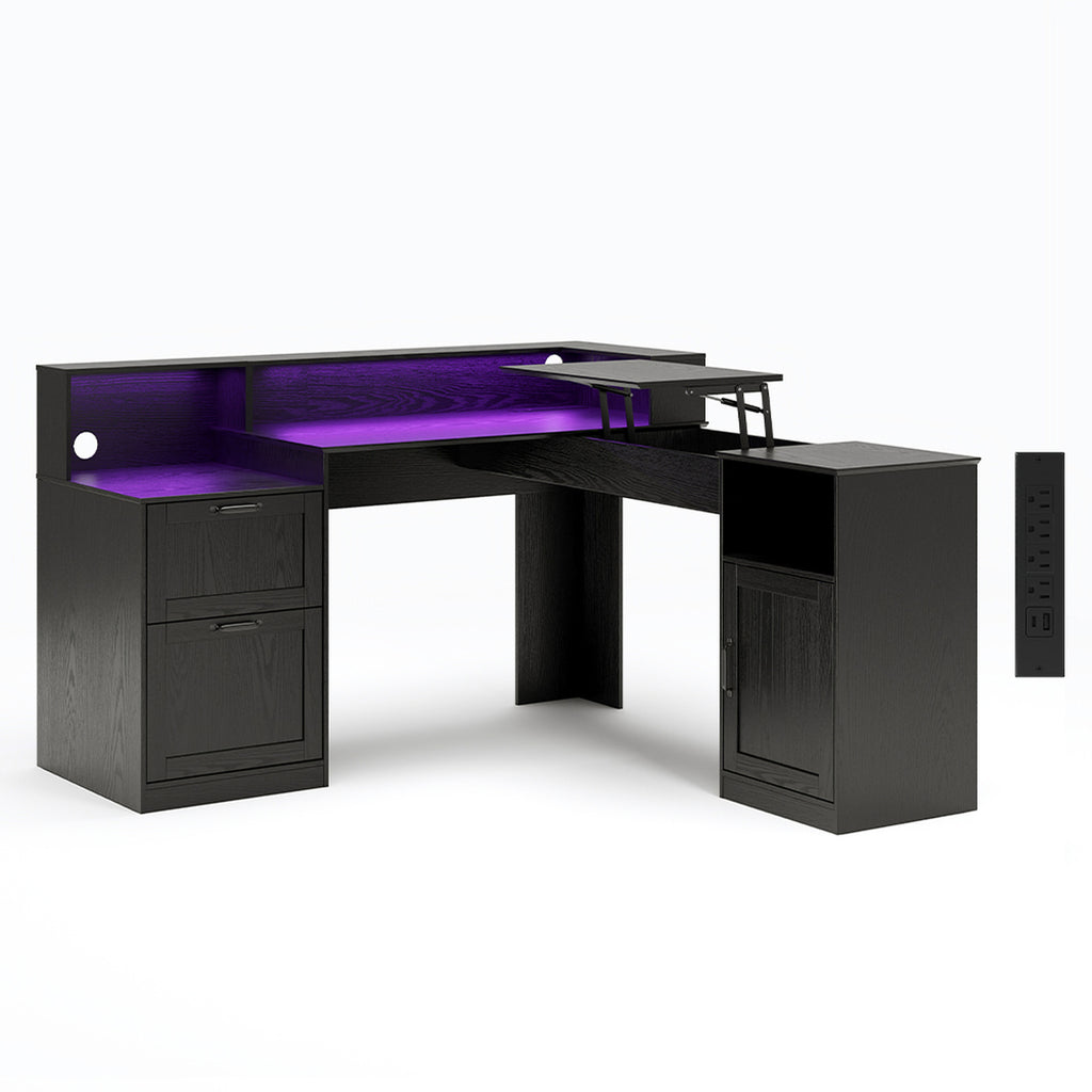 Deluxe Living 60" L-Shaped Computer Desk, Lift-Top Corner Desk with File Drawer, Storage Cabinet, Outlets, Monitor Stand & Printer Shelf, Black ﻿ ﻿