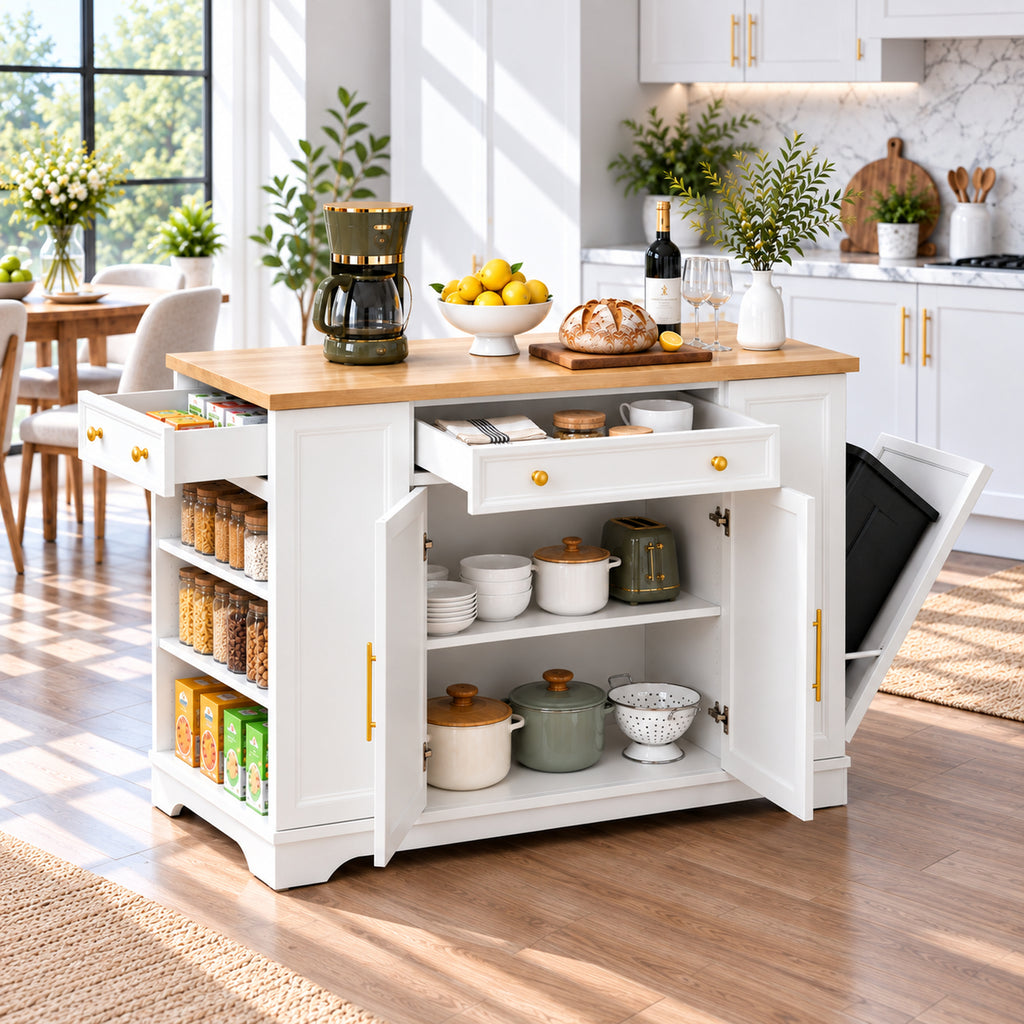 Deluxe Living 53" Rolling Kitchen Island with Trash Can Storage & 3 Drawers, Portable Kitchen Cart on Wheels for 10 Gallon Garbage Bin, White
