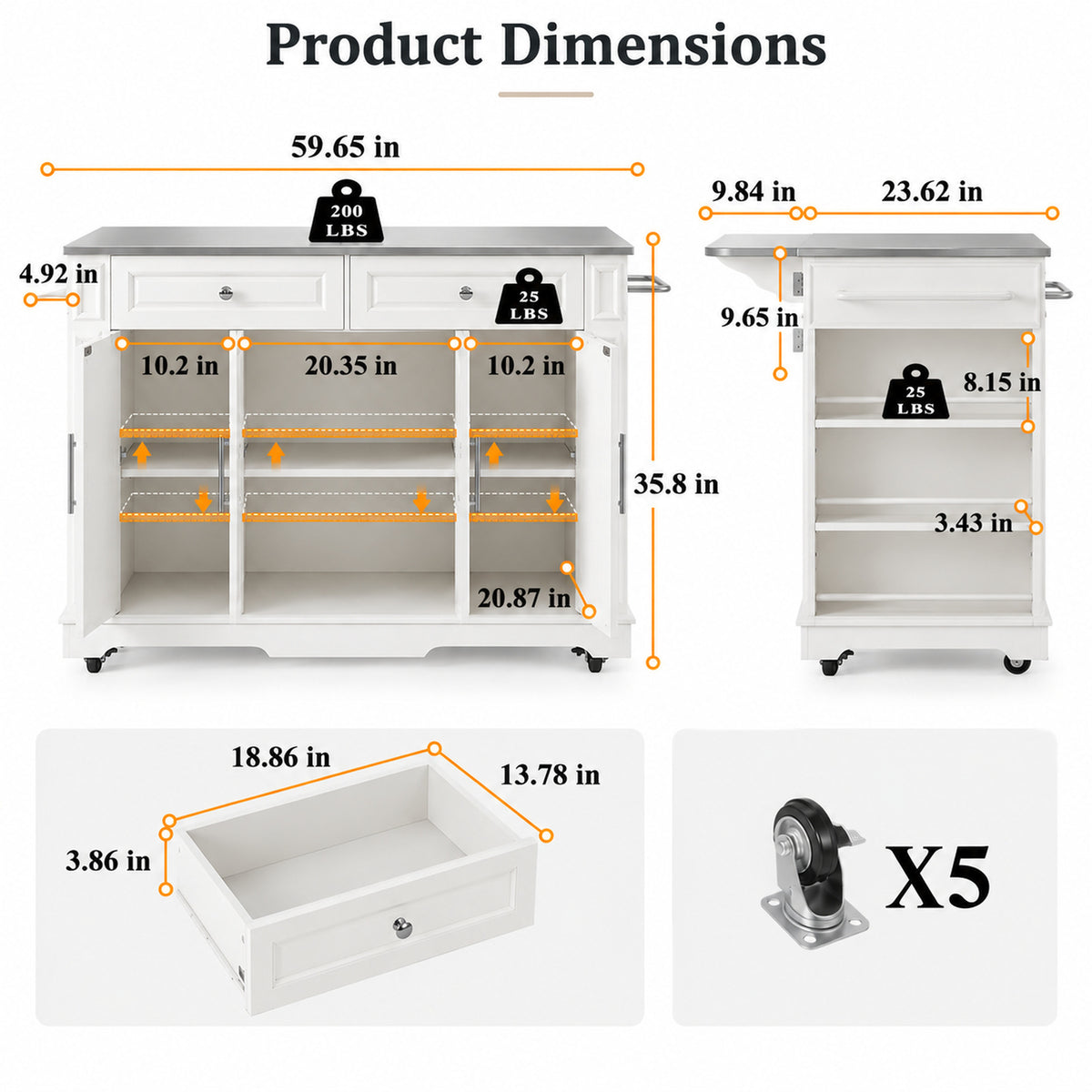 Deluxe Living 60" Rolling Kitchen Island with Drop Leaf, Stainless Steel Top, Mobile Cart with Storage, Power Outlets, Drawers & Open Shelves, White
