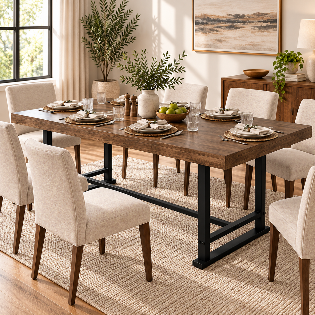 Deluxe Living Farmhouse Dining Table, Rustic Walnut Kitchen Table with 3" Thick Wood Grain Top, Heavy-Duty Metal Legs for Dining Room, Kitchen & Living Room