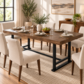 Deluxe Living Farmhouse Dining Table, Rustic Walnut Kitchen Table with 3" Thick Wood Grain Top, Heavy-Duty Metal Legs for Dining Room, Kitchen & Living Room