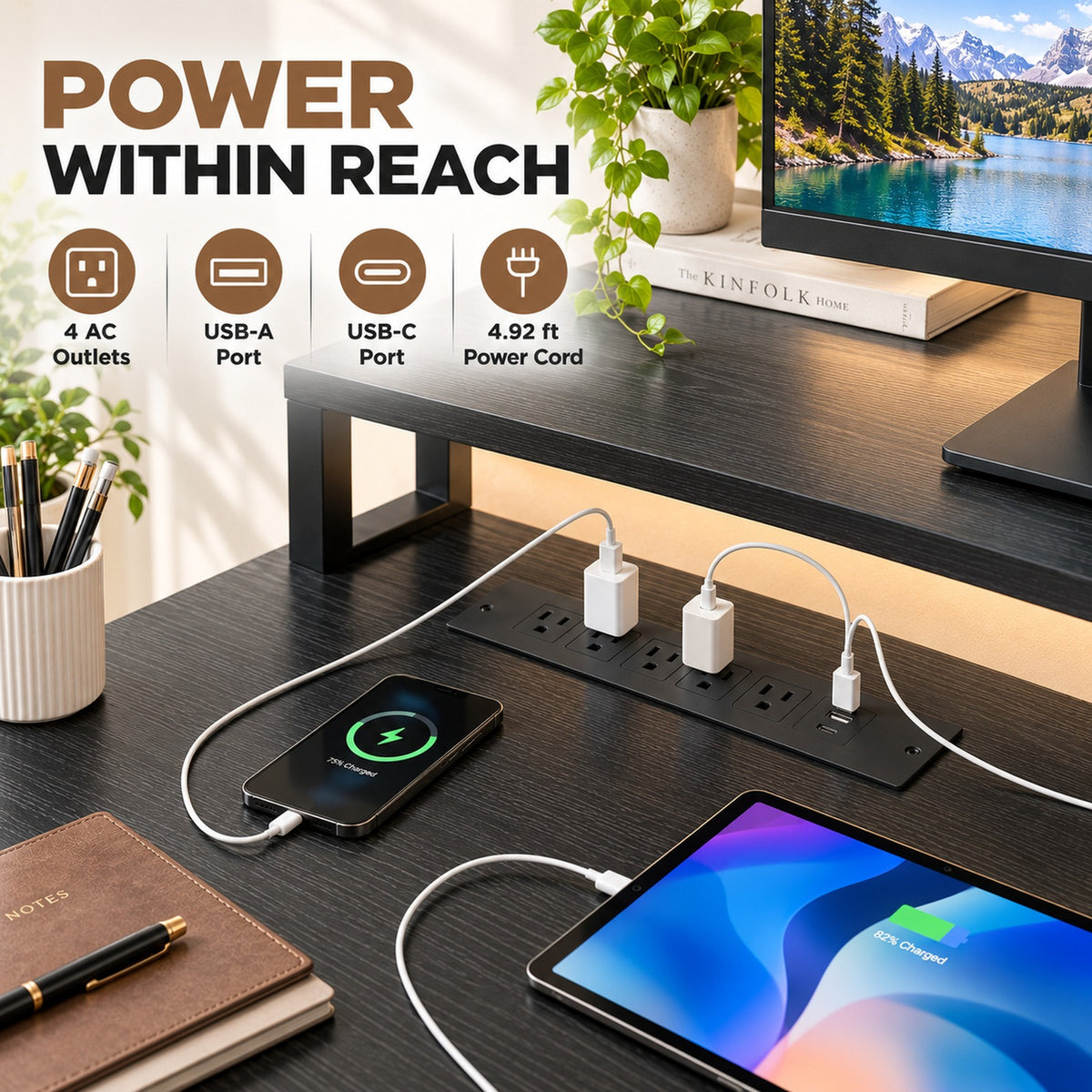 Deluxe Living 65" L-Shaped Corner Desk, Fluted Cabinet, File Drawer, Power Outlets, Elevated Monitor Stand, LED Light & Printer Shelf, Black