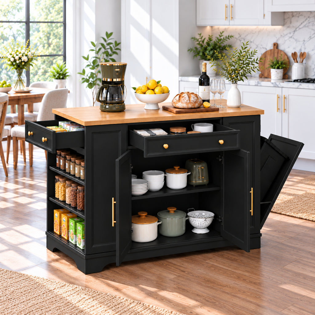 Deluxe Living 53" Rolling Kitchen Island with Trash Can Storage & 3 Drawers, Portable Kitchen Cart on Wheels for 10 Gallon Garbage Bin, Black
