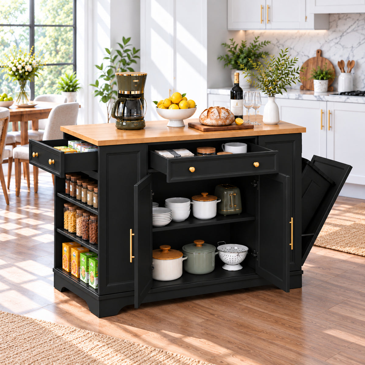 Deluxe Living 53" Rolling Kitchen Island with Trash Can Storage & 3 Drawers, Portable Kitchen Cart on Wheels for 10 Gallon Garbage Bin, Black