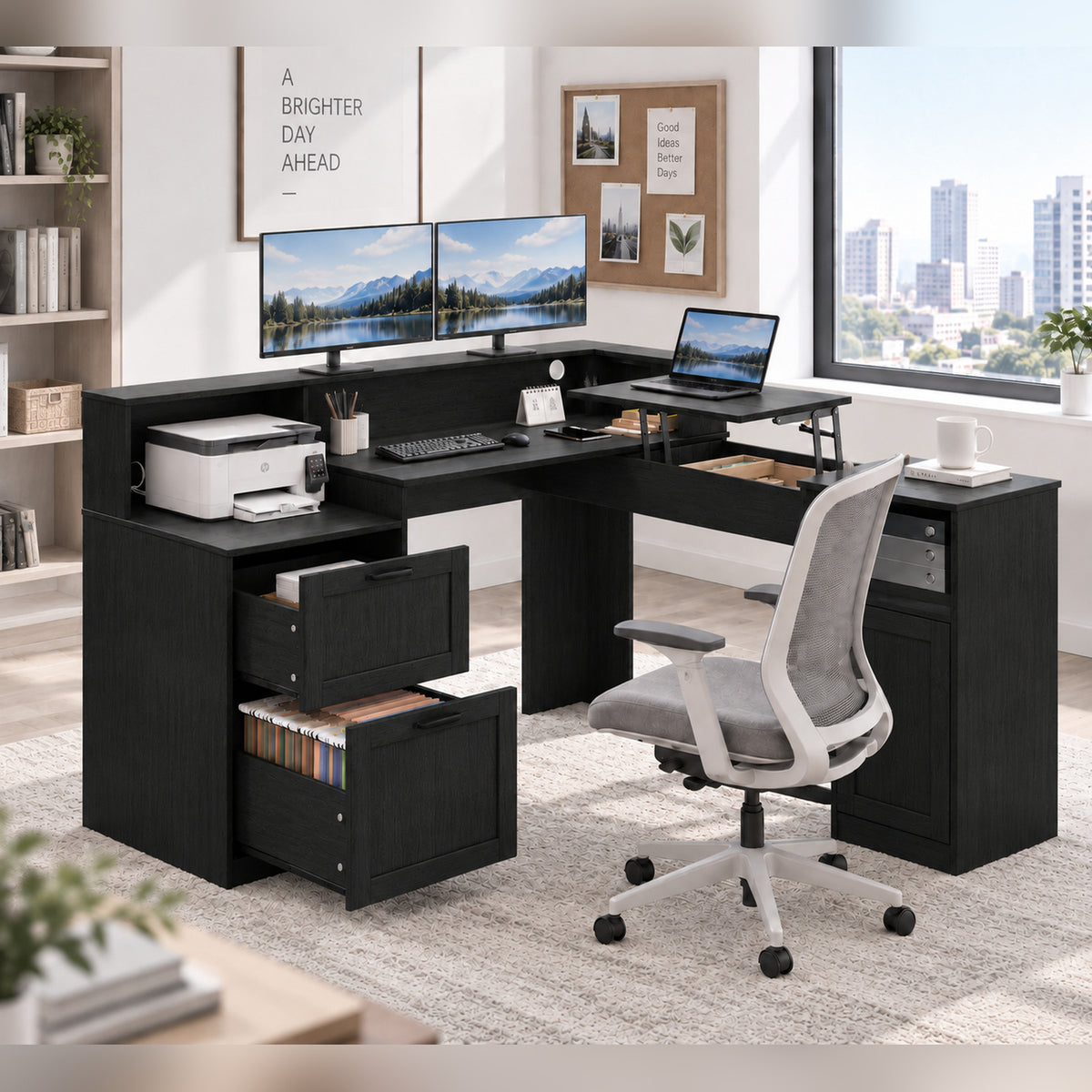 Deluxe Living 60" L-Shaped Computer Desk, Lift-Top Corner Desk with File Drawer, Storage Cabinet, Outlets, Monitor Stand & Printer Shelf, Black ﻿ ﻿