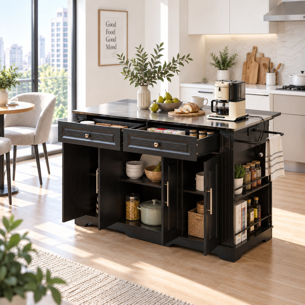 Deluxe Living 60" Rolling Kitchen Island with Drop Leaf, Stainless Steel Top, Mobile Cart with Storage, Power Outlets, Drawers & Open Shelves, Black
