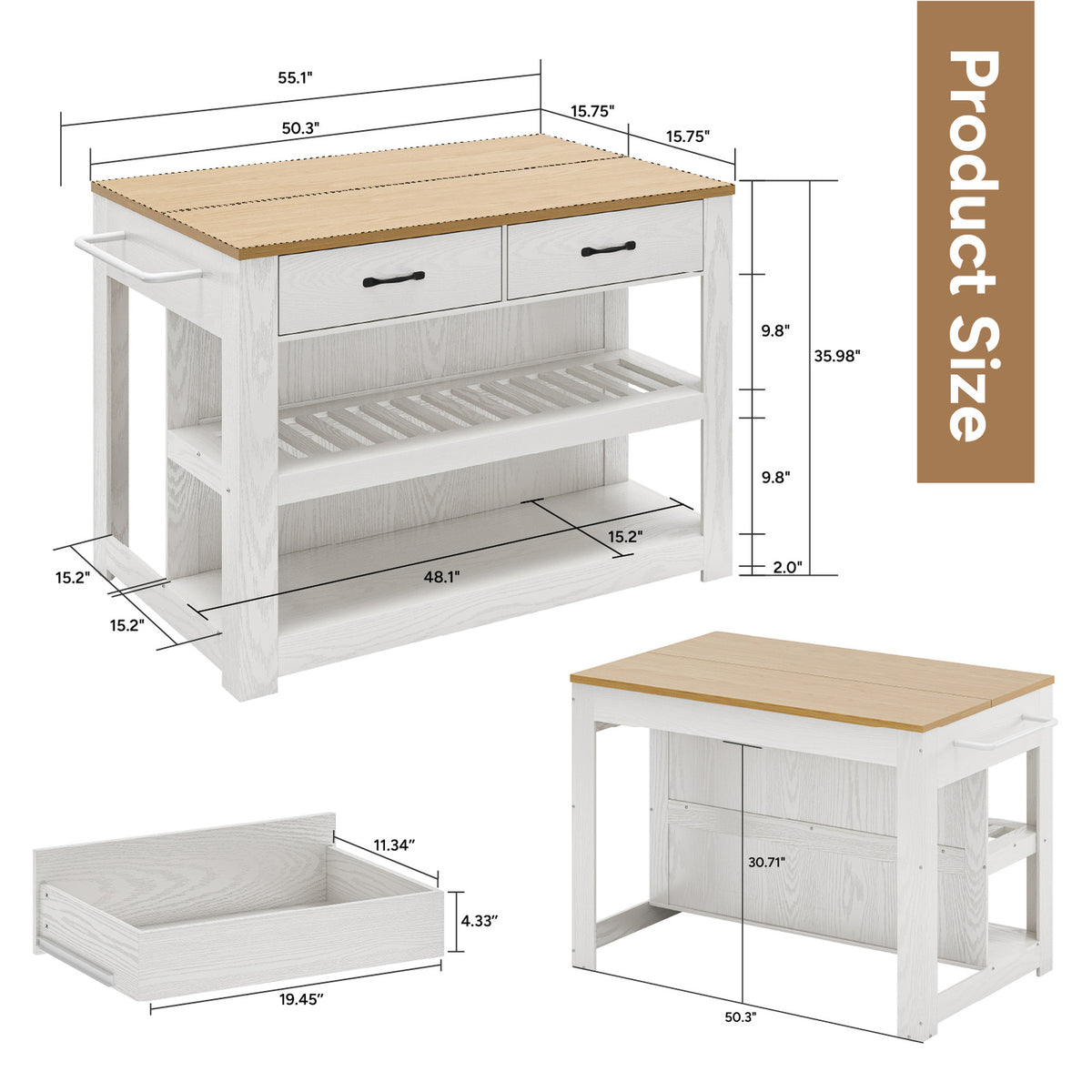 Deluxe Living 55" Kitchen Island with Power Outlets, Drawers & Hooks, Extra-Large Work Surface Island Table with 2 Shelves, Oak & White