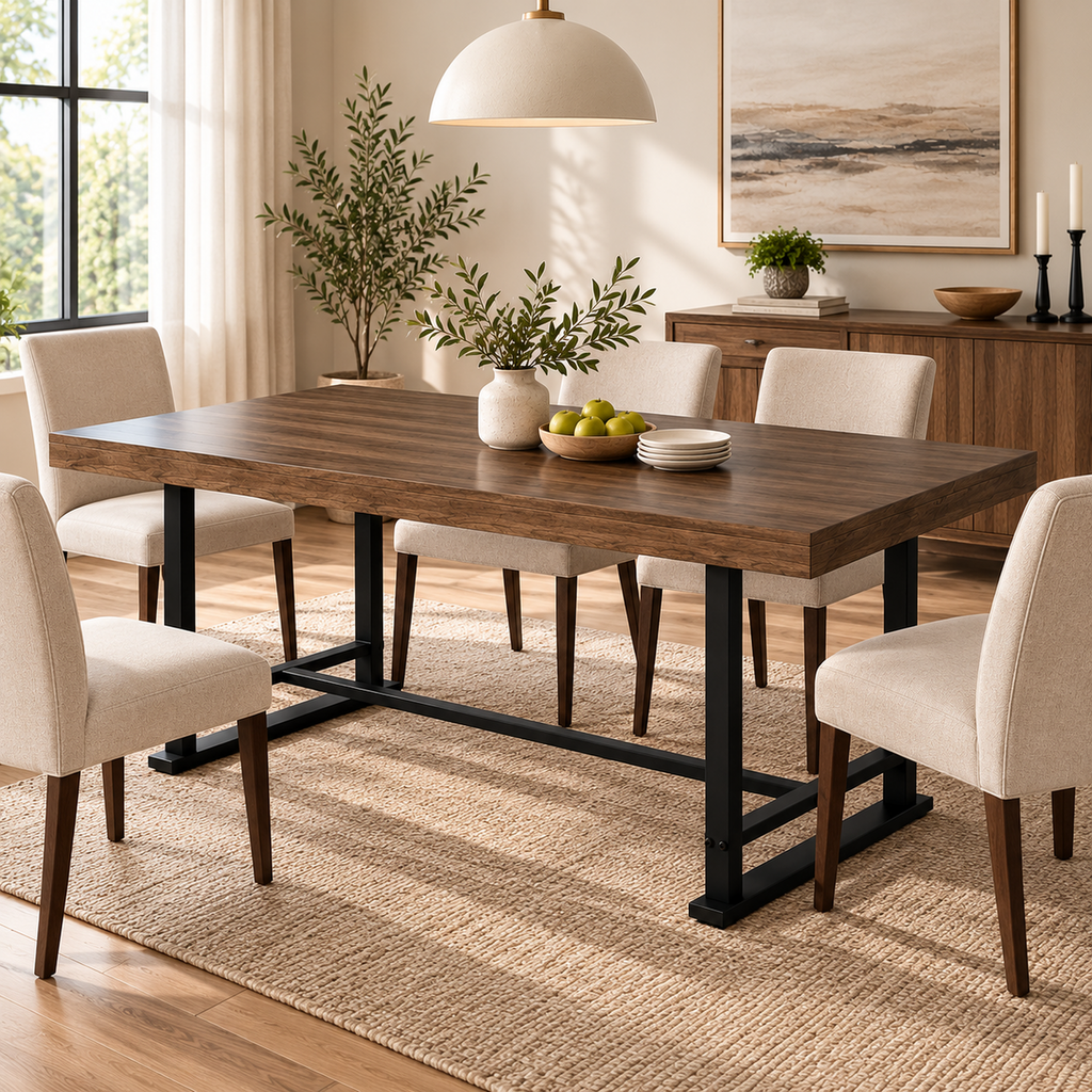 Deluxe Living Farmhouse Dining Table, Rustic Walnut Kitchen Table with 3" Thick Wood Grain Top, Heavy-Duty Metal Legs for Dining Room, Kitchen & Living Room