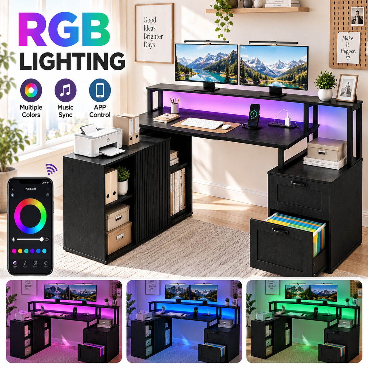 Deluxe Living 65" L-Shaped Corner Desk, Fluted Cabinet, File Drawer, Power Outlets, Elevated Monitor Stand, LED Light & Printer Shelf, Black