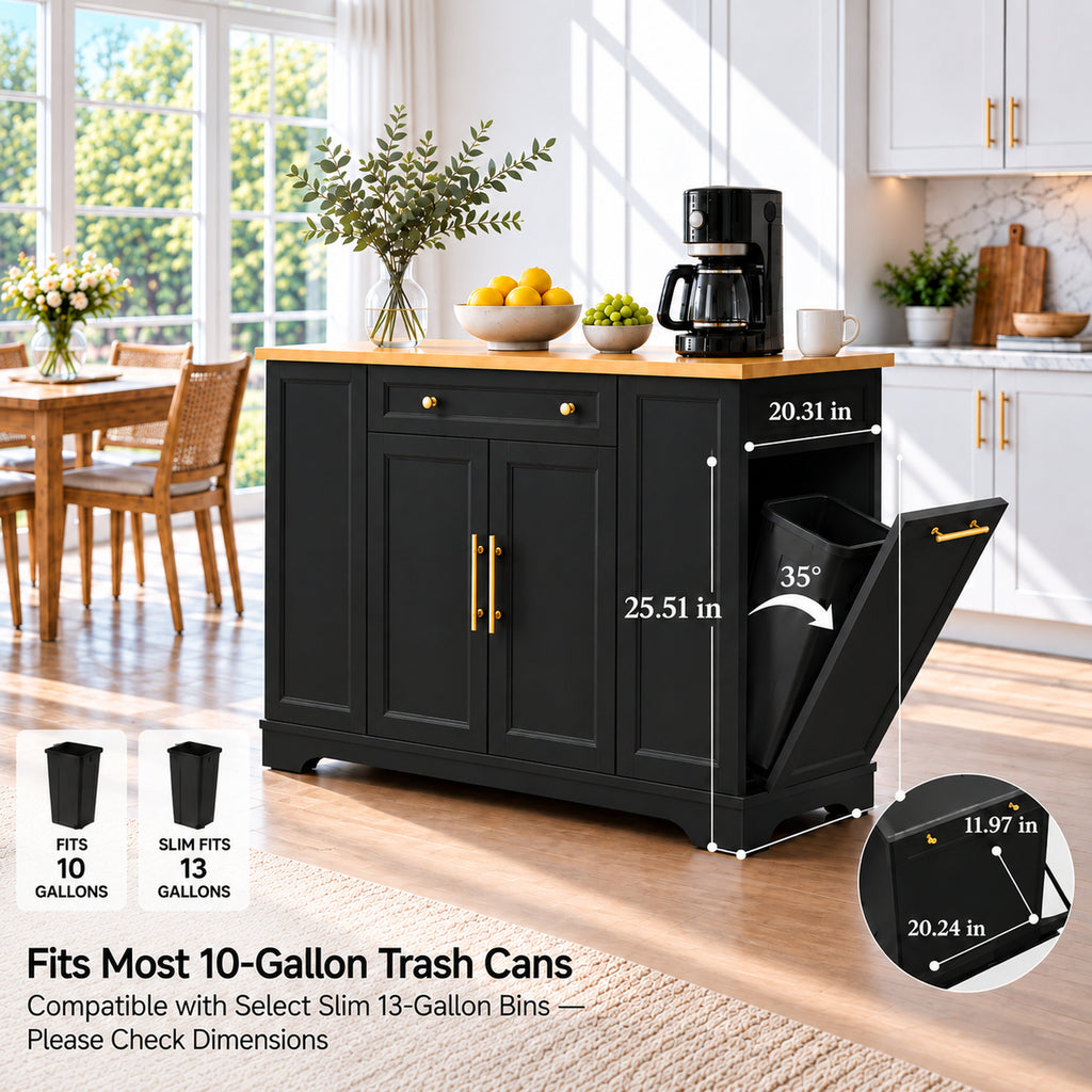 Deluxe Living 53" Rolling Kitchen Island with Trash Can Storage & 3 Drawers, Portable Kitchen Cart on Wheels for 10 Gallon Garbage Bin, Black