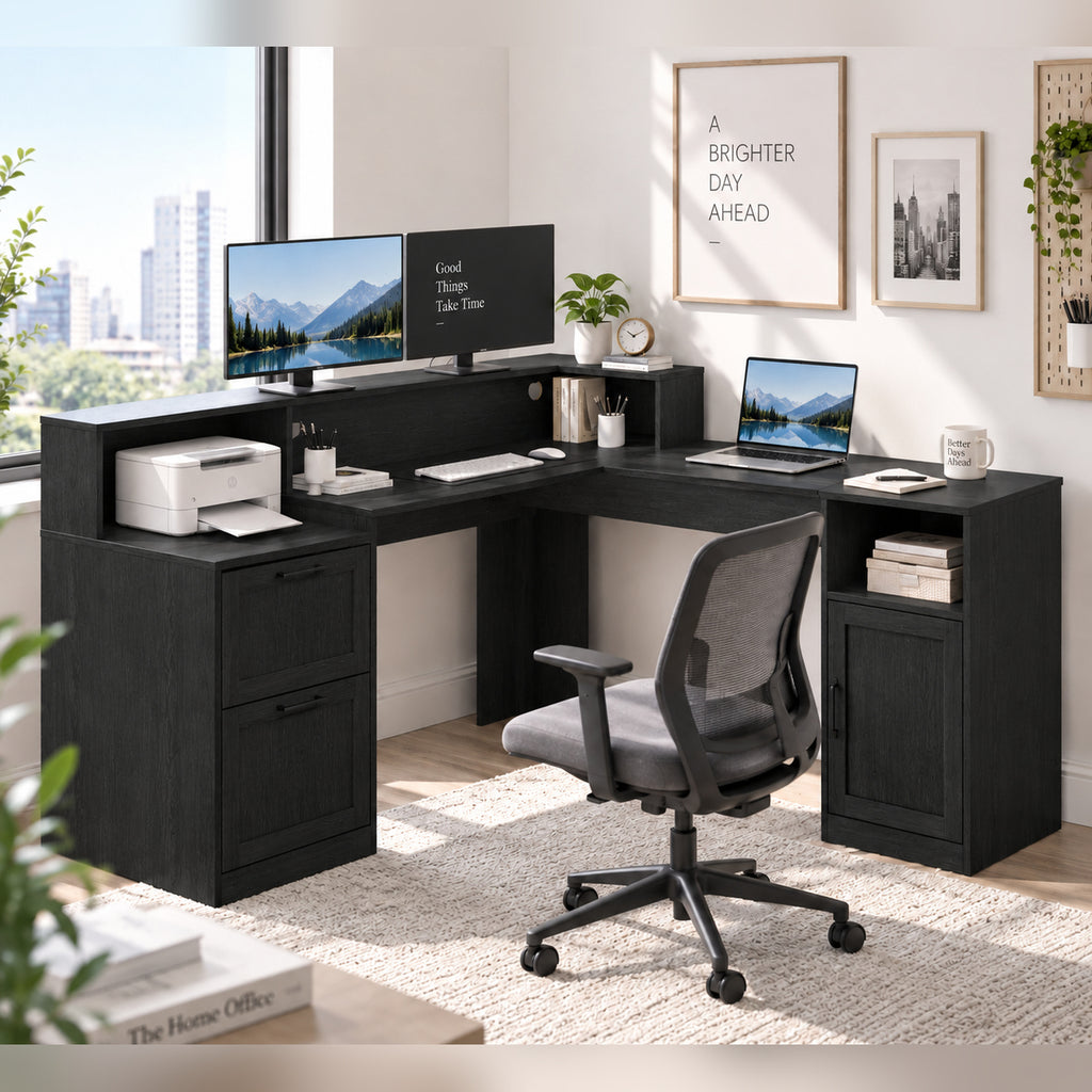 Deluxe Living 60" L-Shaped Computer Desk, Lift-Top Corner Desk with File Drawer, Storage Cabinet, Outlets, Monitor Stand & Printer Shelf, Black ﻿ ﻿