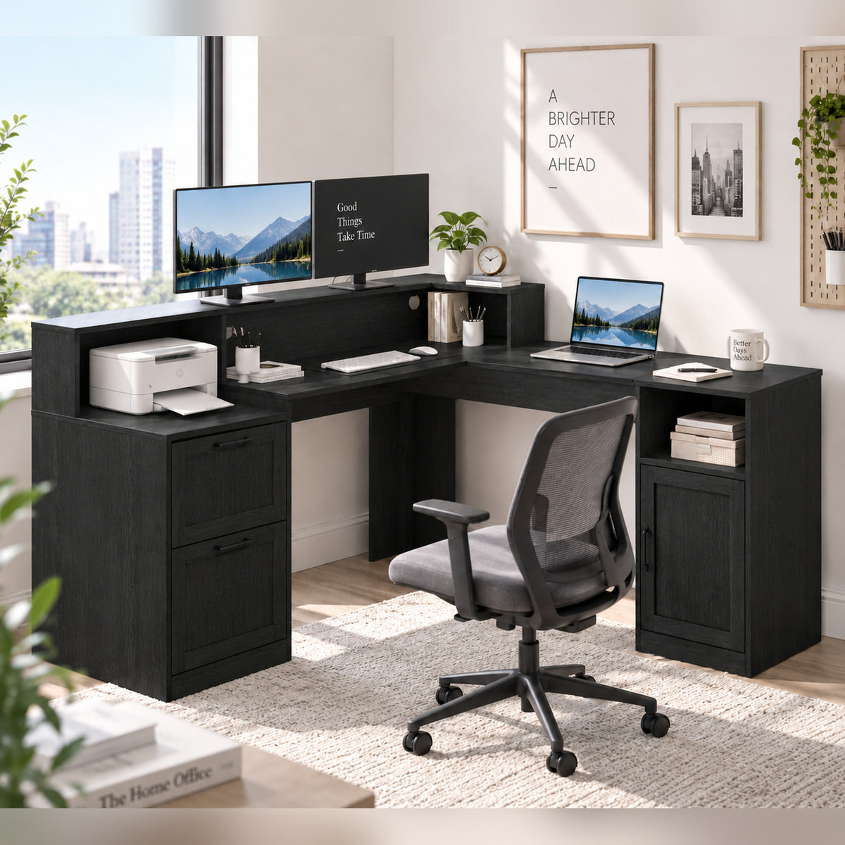 Deluxe Living 60" L-Shaped Computer Desk, Lift-Top Corner Desk with File Drawer, Storage Cabinet, Outlets, Monitor Stand & Printer Shelf, Black ﻿ ﻿
