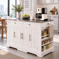 Deluxe Living 60" Rolling Kitchen Island with Drop Leaf, Stainless Steel Top, Mobile Cart with Storage, Power Outlets, Drawers & Open Shelves, White