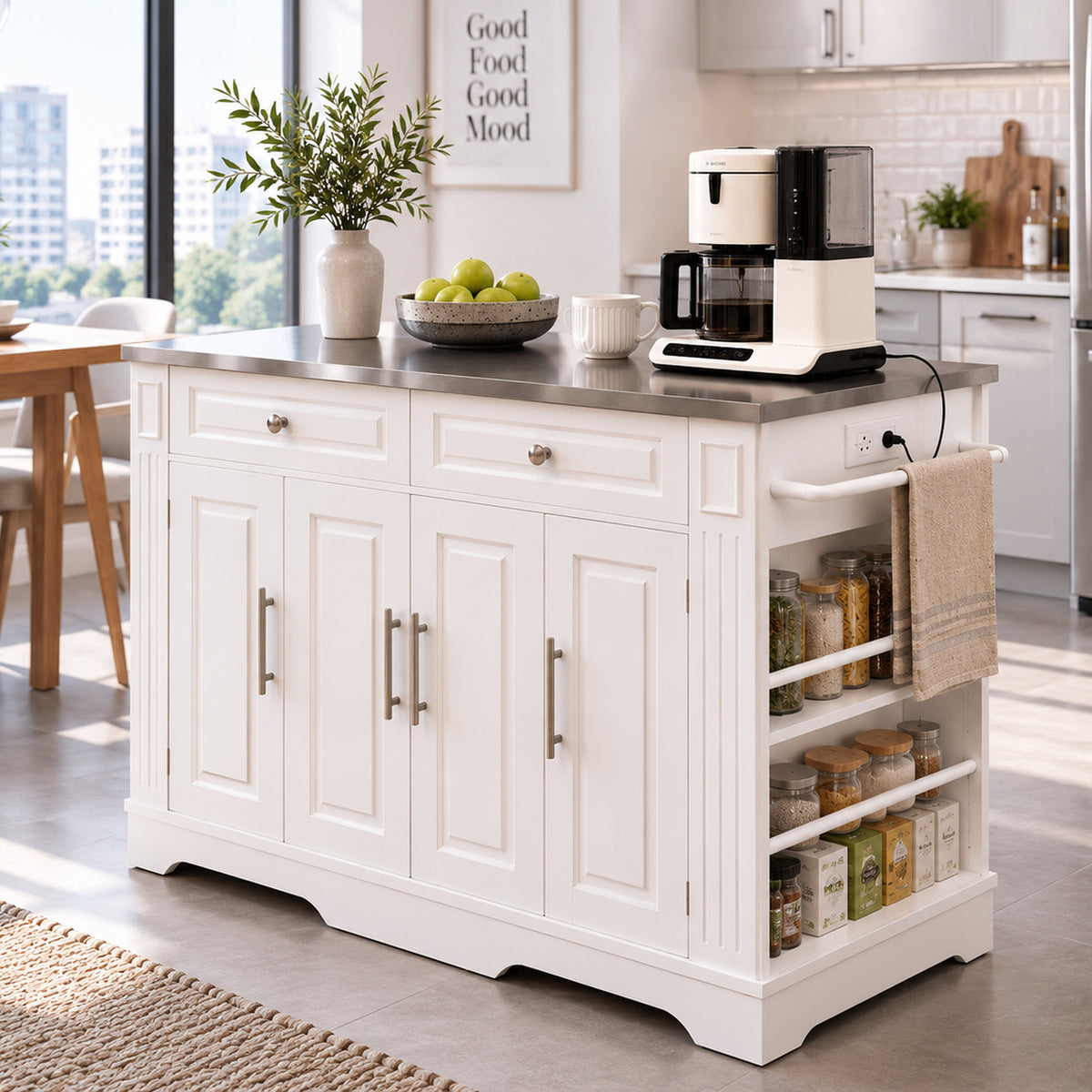 Deluxe Living 60" Rolling Kitchen Island with Drop Leaf, Stainless Steel Top, Mobile Cart with Storage, Power Outlets, Drawers & Open Shelves, White