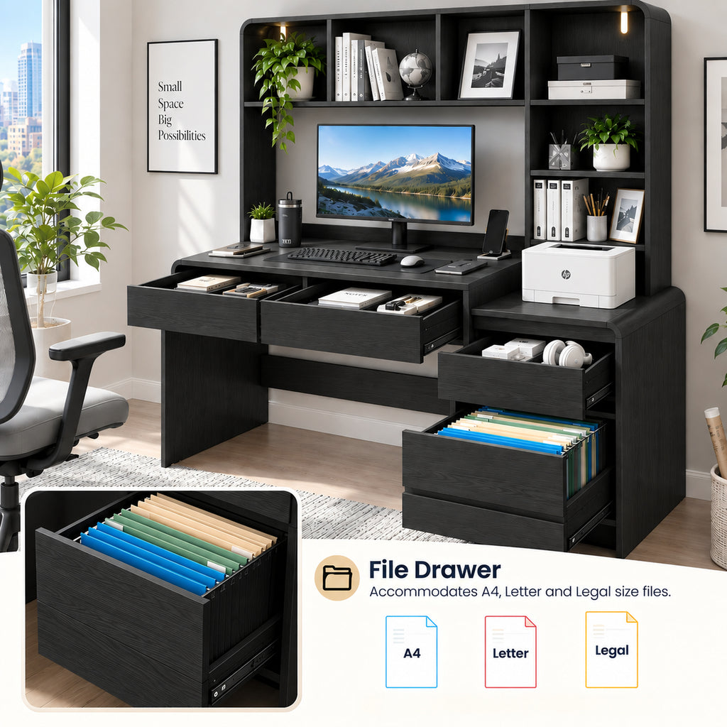 Deluxe Living 55.1" Executive Computer Desk with Hutch & 4 Storage Drawers, Open Storage Shelves, Power Outlet & LED Lights for Home Office, Black