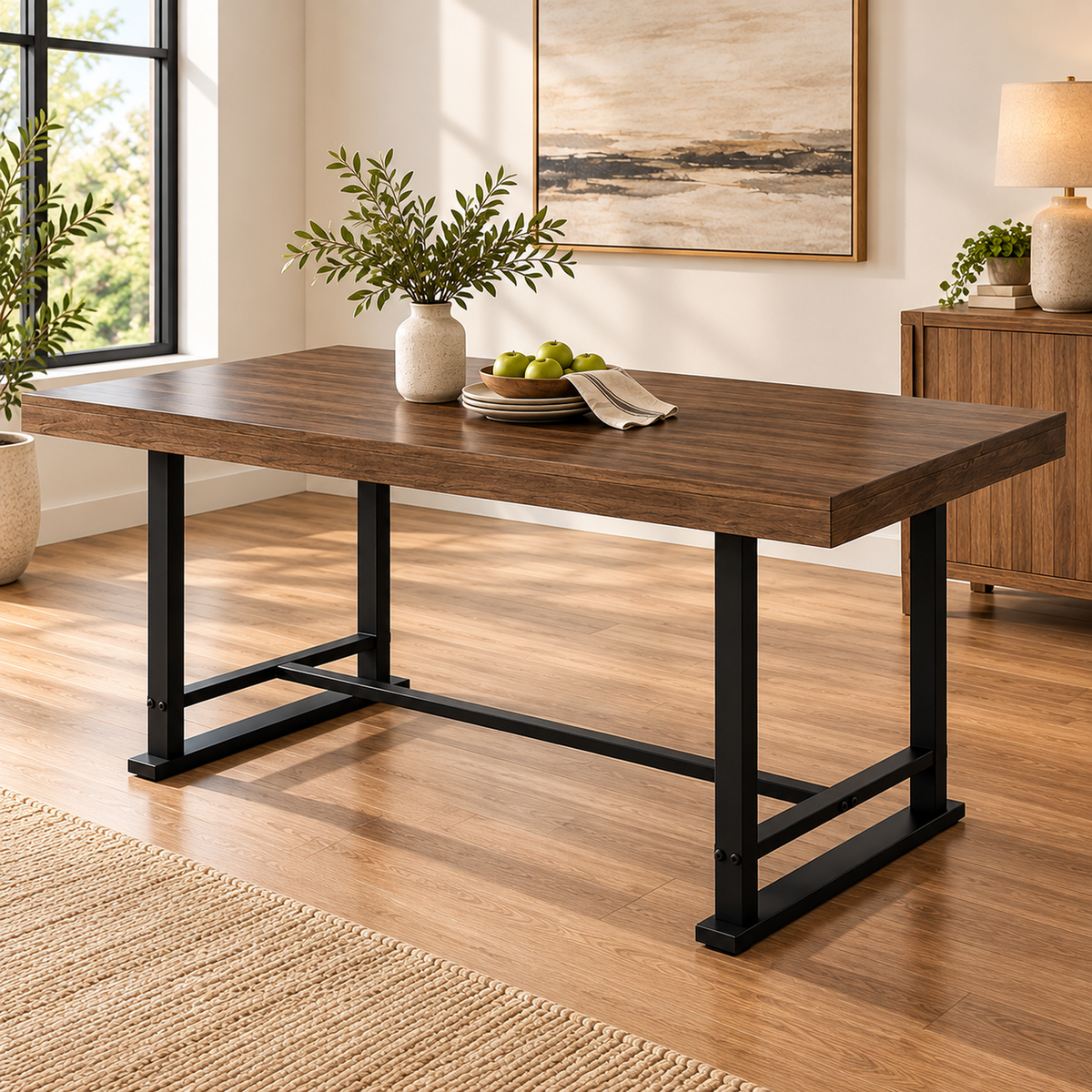 Deluxe Living Farmhouse Dining Table, Rustic Walnut Kitchen Table with 3" Thick Wood Grain Top, Heavy-Duty Metal Legs for Dining Room, Kitchen & Living Room