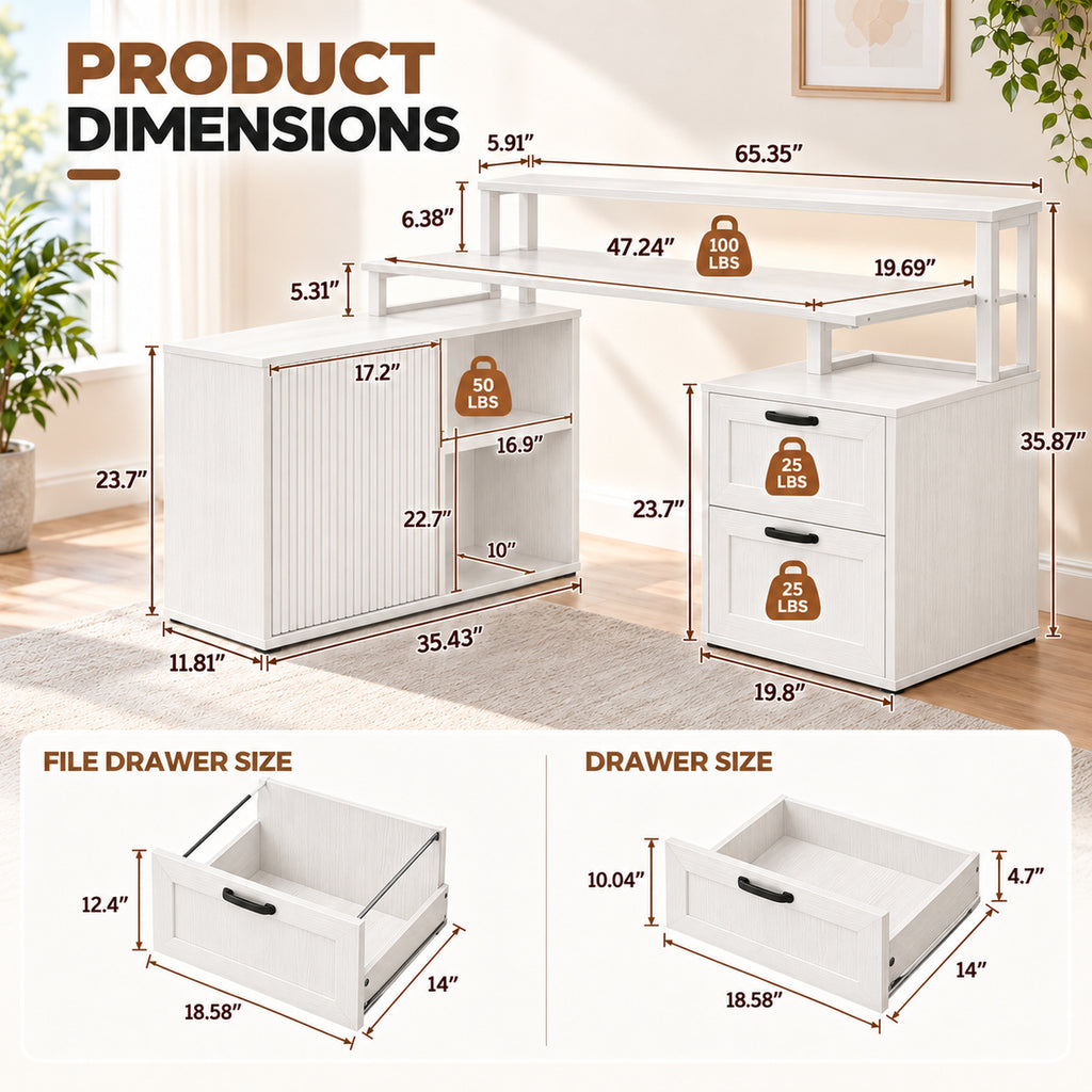 Deluxe Living 65" L-Shaped Computer Desk, Fluted Cabinet & File Drawer, Power Outlets, Elevated Monitor Stand, LED Light & Printer Shelf for Home Office, White