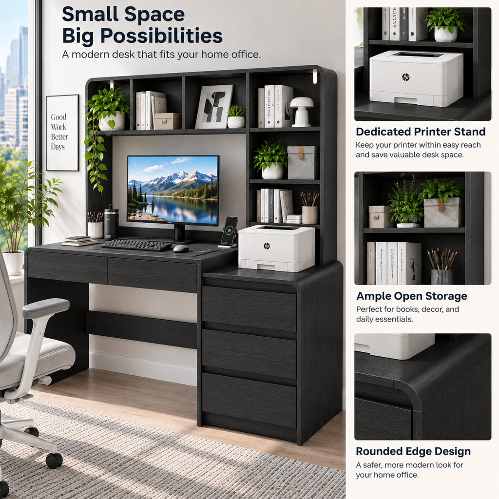 Deluxe Living 55.1" Executive Computer Desk with Hutch & 4 Storage Drawers, Open Storage Shelves, Power Outlet & LED Lights for Home Office, Black