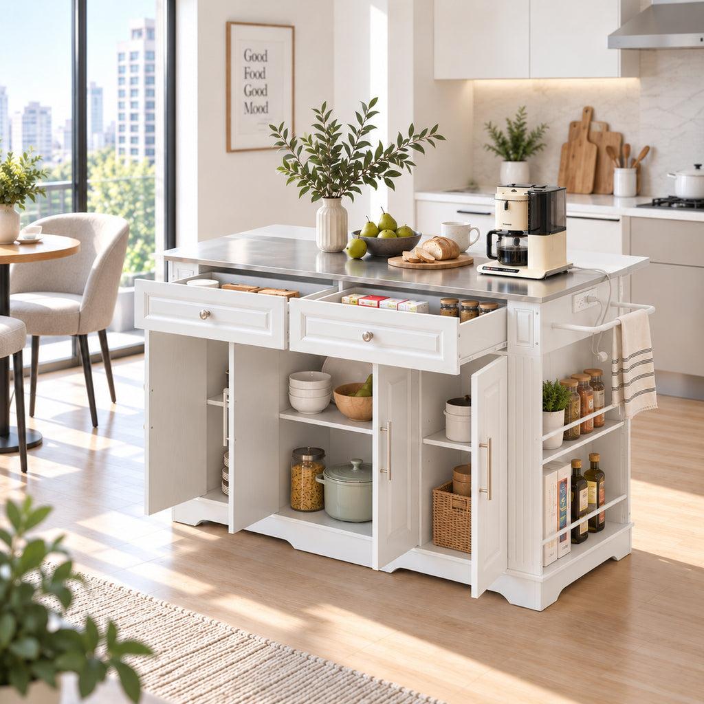 Deluxe Living 60" Rolling Kitchen Island with Drop Leaf, Stainless Steel Top, Mobile Cart with Storage, Power Outlets, Drawers & Open Shelves, White