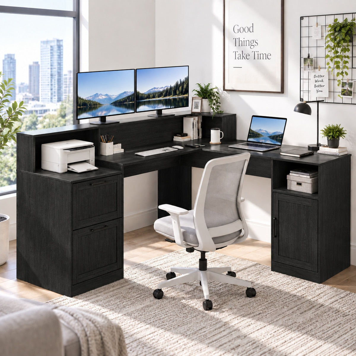 Deluxe Living 60" L-Shaped Computer Desk, Lift-Top Corner Desk with File Drawer, Storage Cabinet, Outlets, Monitor Stand & Printer Shelf, Black ﻿ ﻿