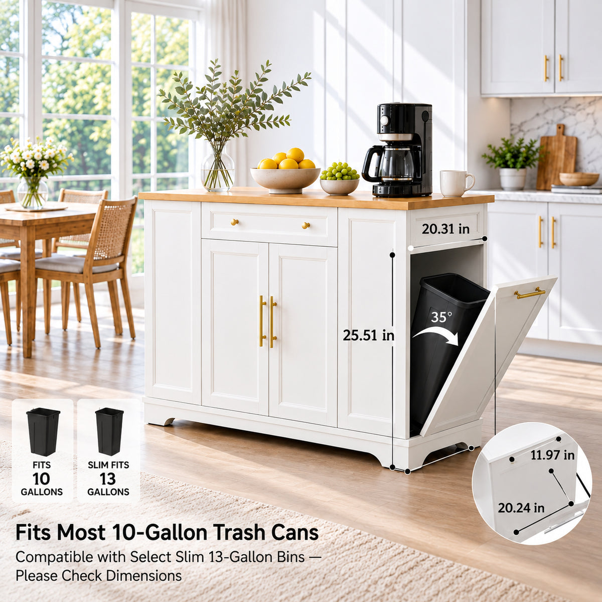 Deluxe Living 53" Rolling Kitchen Island with Trash Can Storage & 3 Drawers, Portable Kitchen Cart on Wheels for 10 Gallon Garbage Bin, White