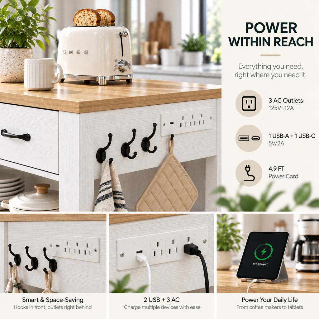 Deluxe Living 55" Kitchen Island with Power Outlets, Drawers & Hooks, Extra-Large Work Surface Island Table with 2 Shelves, Oak & White