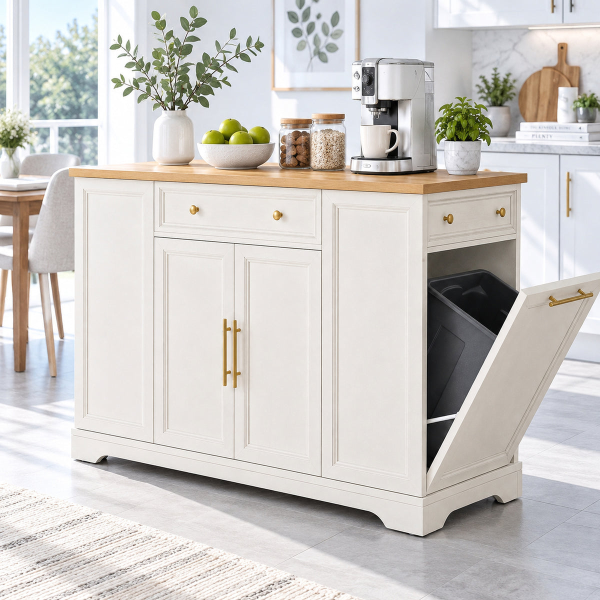 Deluxe Living 53" Rolling Kitchen Island with Trash Can Storage & 3 Drawers, Portable Kitchen Cart on Wheels for 10 Gallon Garbage Bin, White