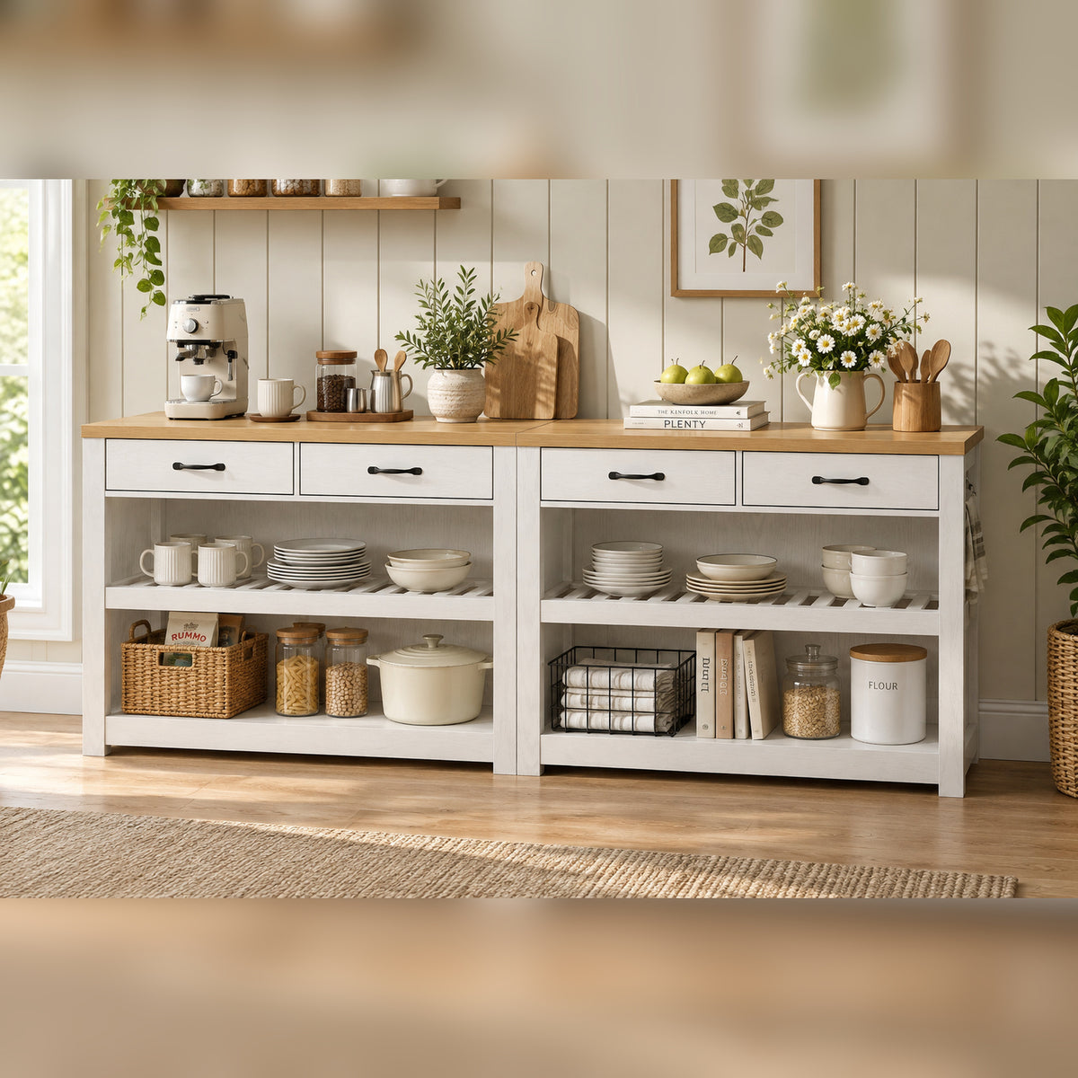 Deluxe Living 55" Kitchen Island with Power Outlets, Drawers & Hooks, Extra-Large Work Surface Island Table with 2 Shelves, Oak & White