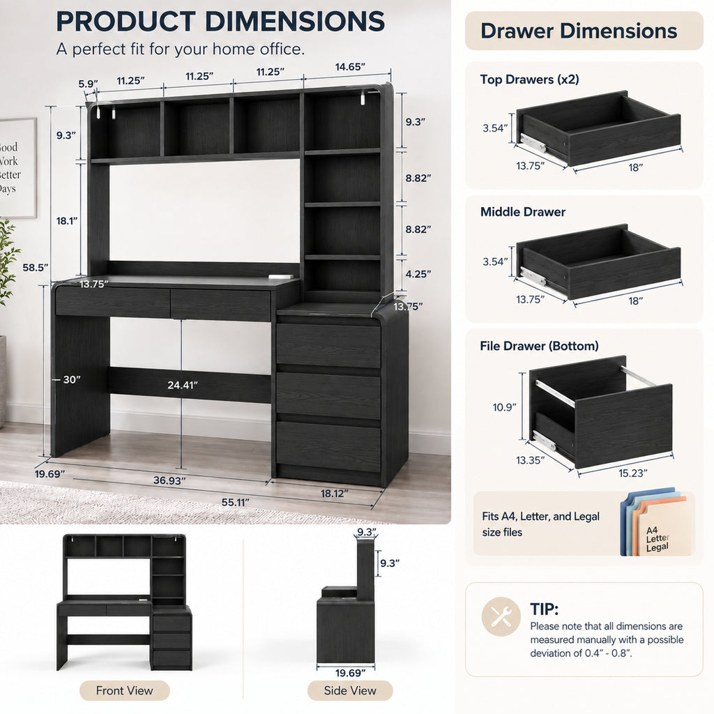 Deluxe Living 55.1" Executive Computer Desk with Hutch & 4 Storage Drawers, Open Storage Shelves, Power Outlet & LED Lights for Home Office, Black