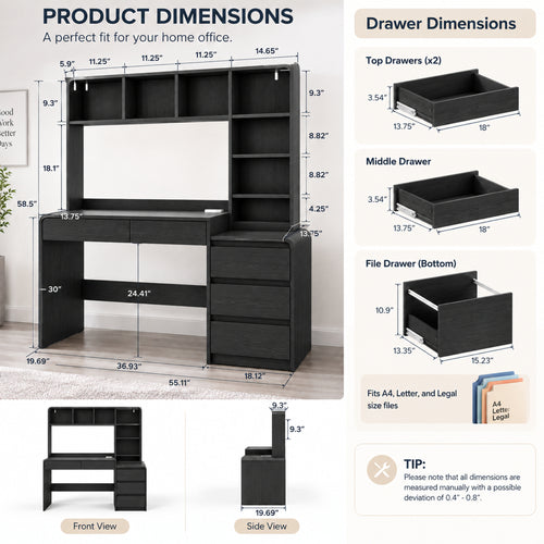 Deluxe Living 55.1" Executive Computer Desk with Hutch & 4 Storage Drawers, Open Storage Shelves, Power Outlet & LED Lights for Home Office, Black