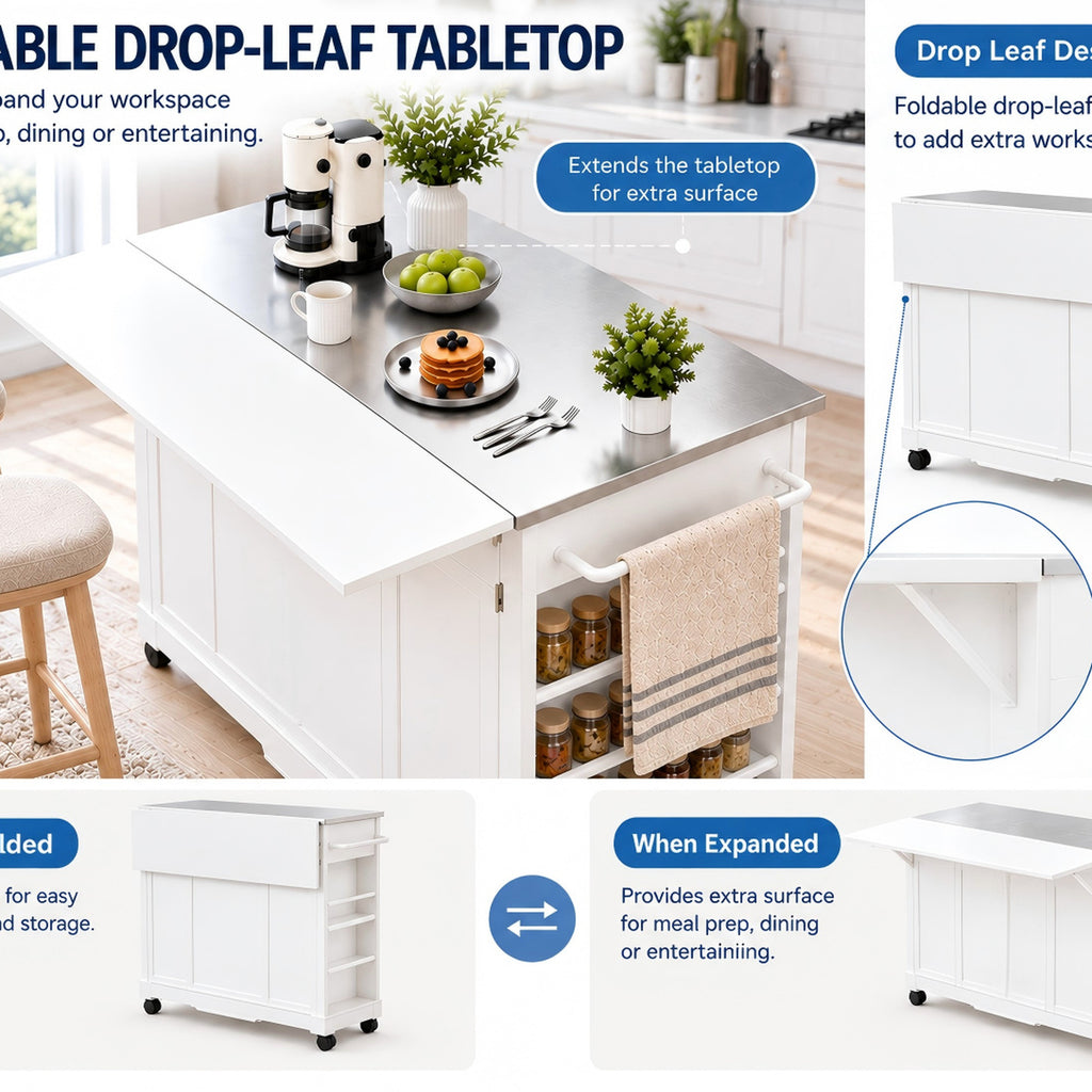 Deluxe Living 60" Rolling Kitchen Island with Drop Leaf, Stainless Steel Top, Mobile Cart with Storage, Power Outlets, Drawers & Open Shelves, White