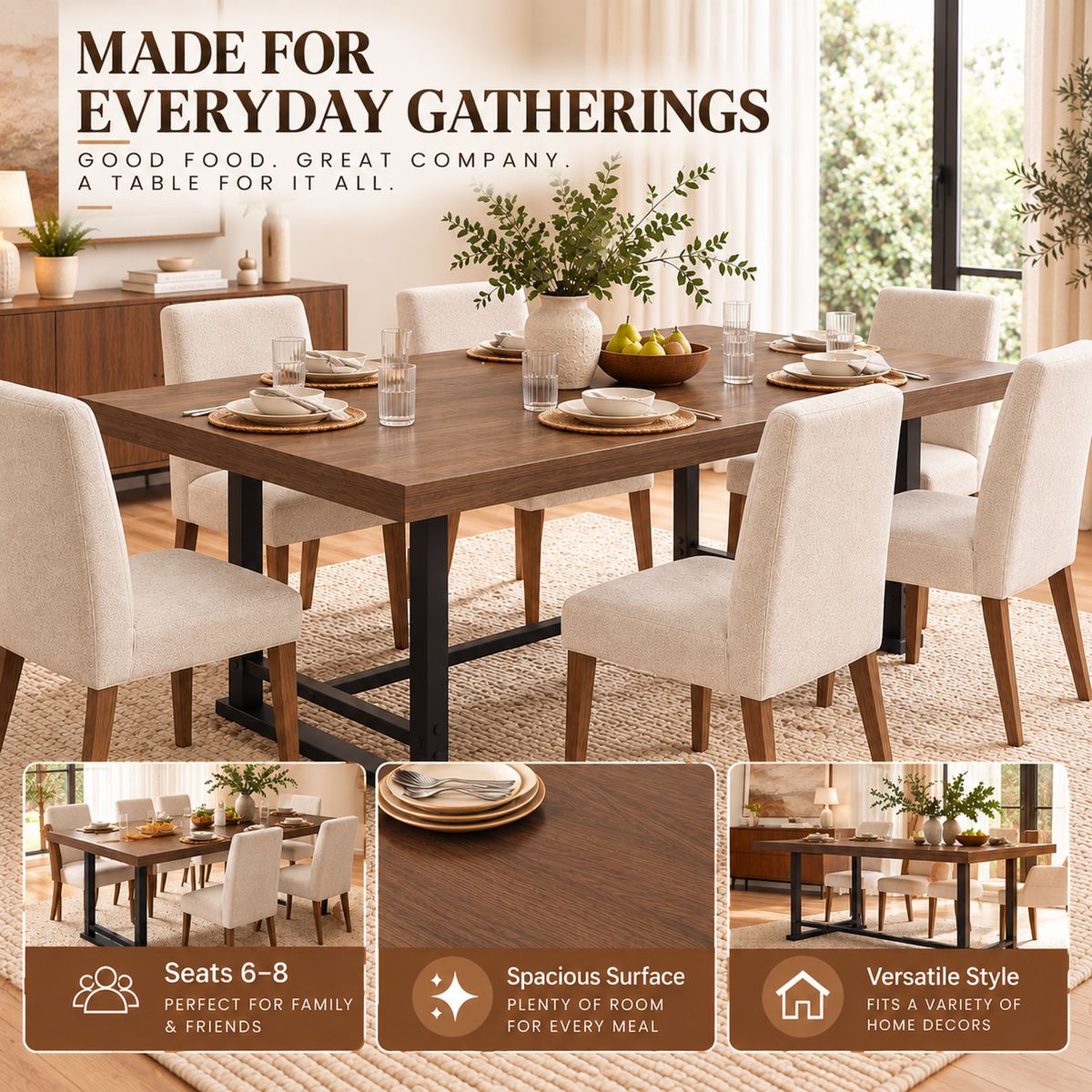 Deluxe Living Farmhouse Dining Table, Rustic Walnut Kitchen Table with 3" Thick Wood Grain Top, Heavy-Duty Metal Legs for Dining Room, Kitchen & Living Room