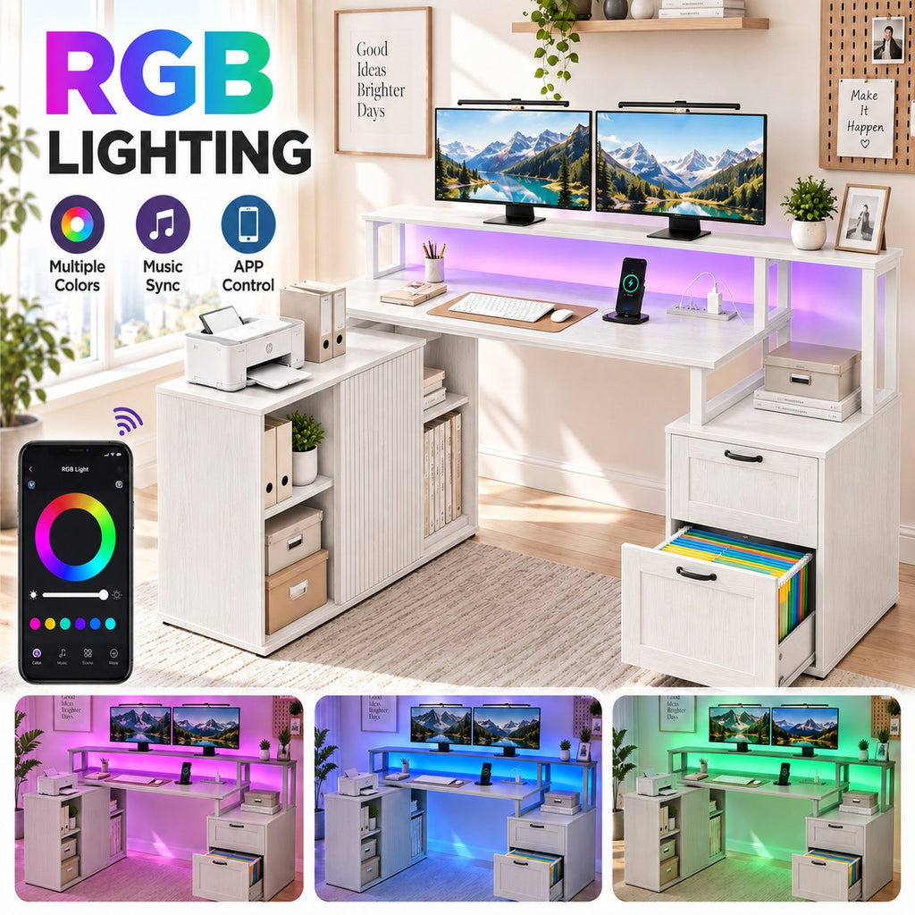 Deluxe Living 65" L-Shaped Computer Desk, Fluted Cabinet & File Drawer, Power Outlets, Elevated Monitor Stand, LED Light & Printer Shelf for Home Office, White