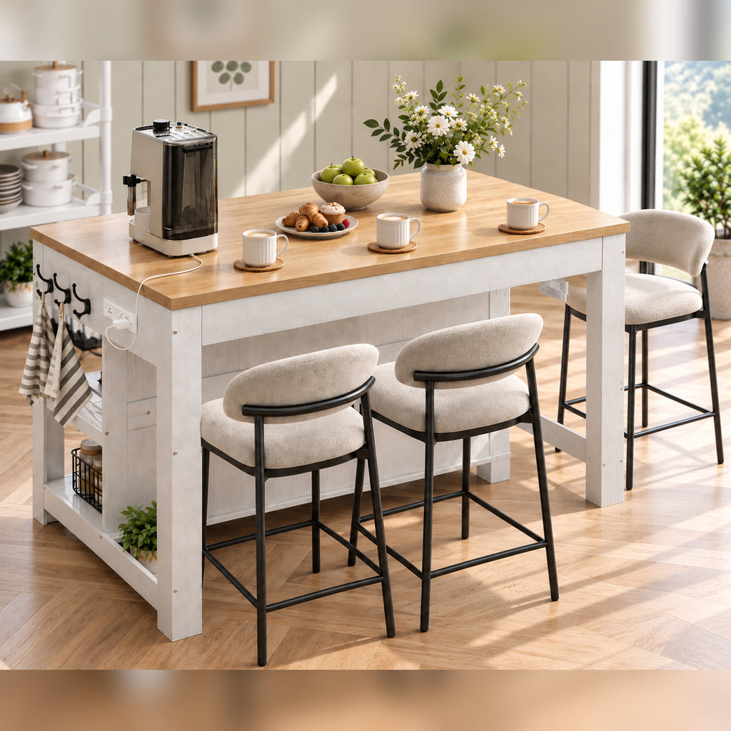 Deluxe Living 55" Kitchen Island with Power Outlets, Drawers & Hooks, Extra-Large Work Surface Island Table with 2 Shelves, Oak & White