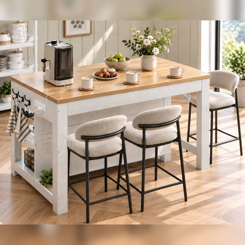 Deluxe Living 55" Kitchen Island with Power Outlets, Drawers & Hooks, Extra-Large Work Surface Island Table with 2 Shelves, Oak & White