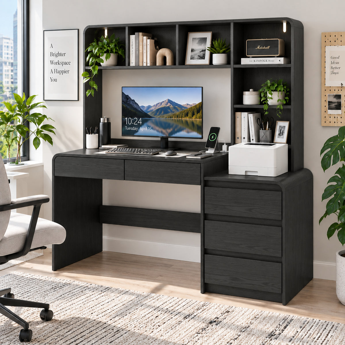 Deluxe Living 55.1" Executive Computer Desk with Hutch & 4 Storage Drawers, Open Storage Shelves, Power Outlet & LED Lights for Home Office, Black