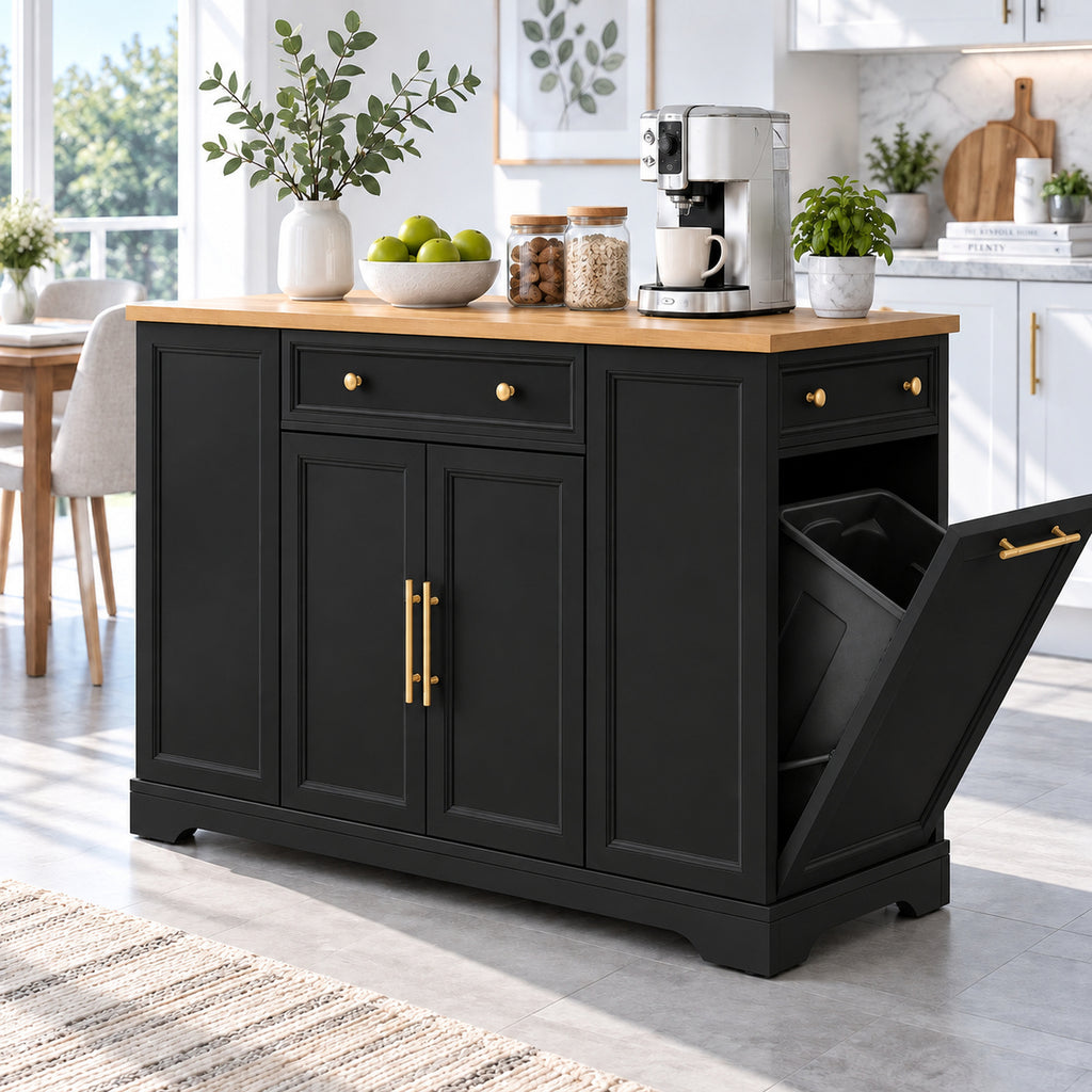 Deluxe Living 53" Rolling Kitchen Island with Trash Can Storage & 3 Drawers, Portable Kitchen Cart on Wheels for 10 Gallon Garbage Bin, Black