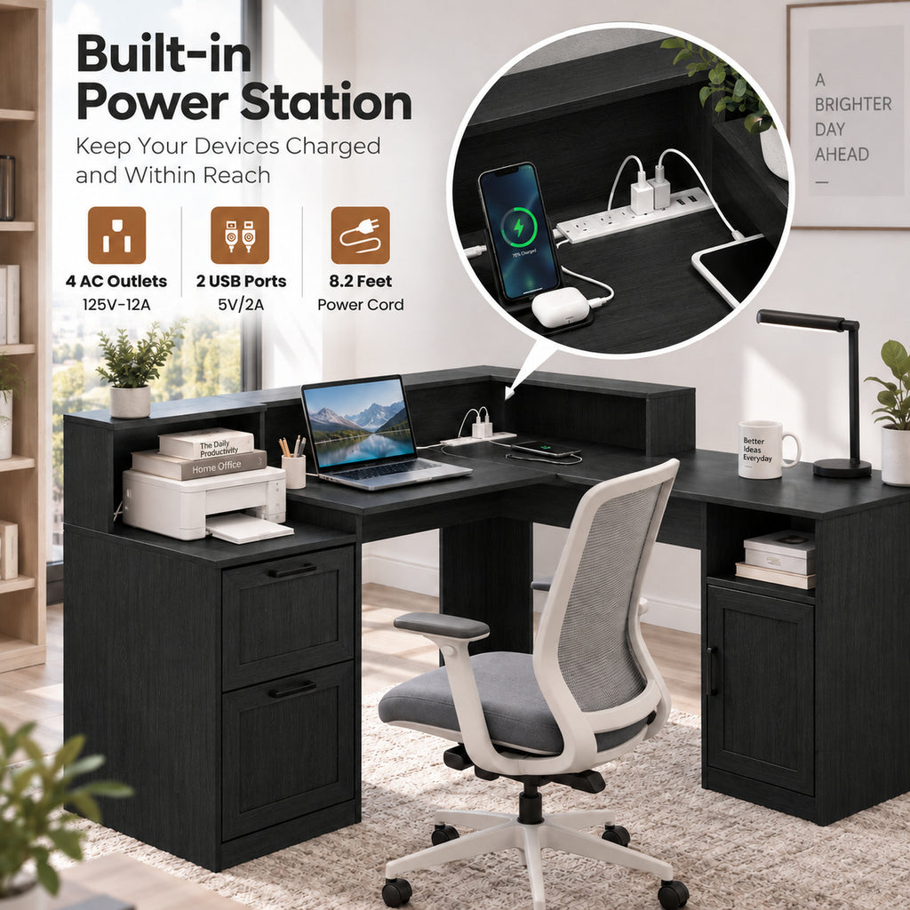 Deluxe Living 60" L-Shaped Computer Desk, Lift-Top Corner Desk with File Drawer, Storage Cabinet, Outlets, Monitor Stand & Printer Shelf, Black ﻿ ﻿