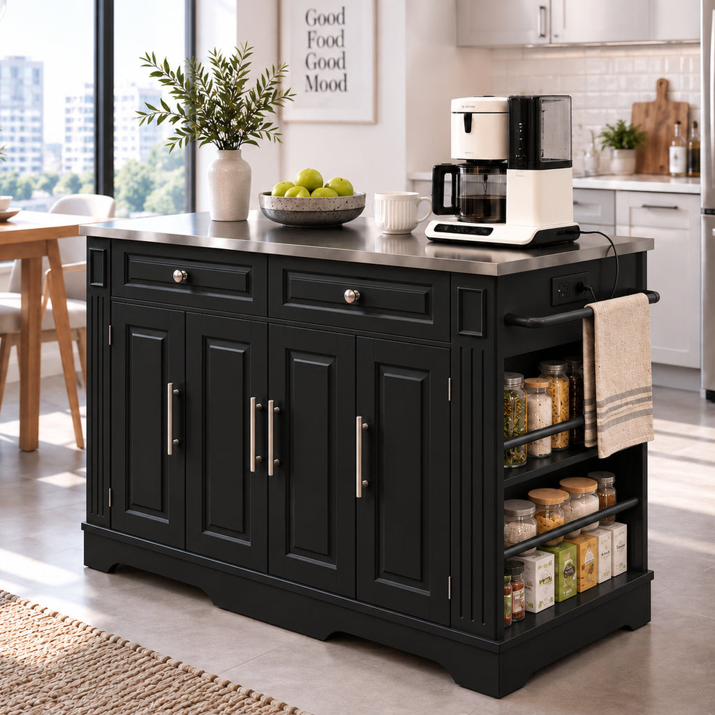 Deluxe Living 60" Rolling Kitchen Island with Drop Leaf, Stainless Steel Top, Mobile Cart with Storage, Power Outlets, Drawers & Open Shelves, Black