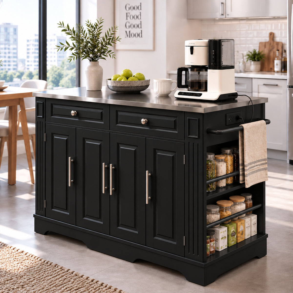 Deluxe Living 60" Rolling Kitchen Island with Drop Leaf, Stainless Steel Top, Mobile Cart with Storage, Power Outlets, Drawers & Open Shelves, Black