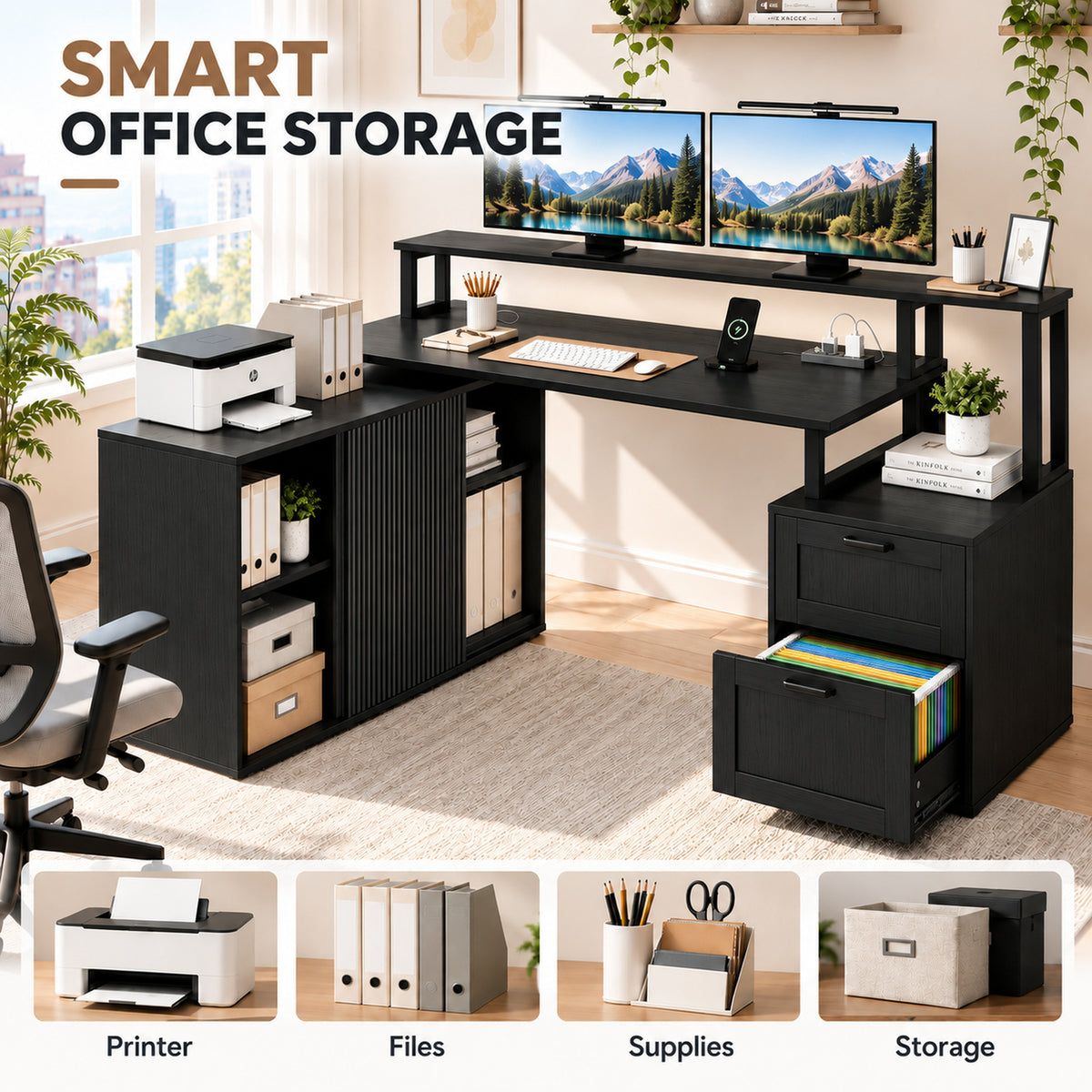 Deluxe Living 65" L-Shaped Corner Desk, Fluted Cabinet, File Drawer, Power Outlets, Elevated Monitor Stand, LED Light & Printer Shelf, Black