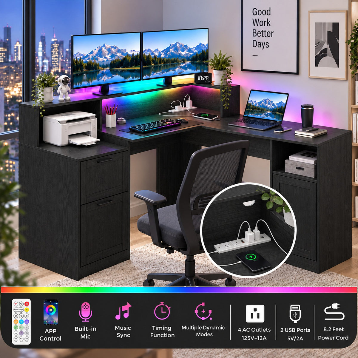 Deluxe Living 60" L-Shaped Computer Desk, Lift-Top Corner Desk with File Drawer, Storage Cabinet, Outlets, Monitor Stand & Printer Shelf, Black ﻿ ﻿